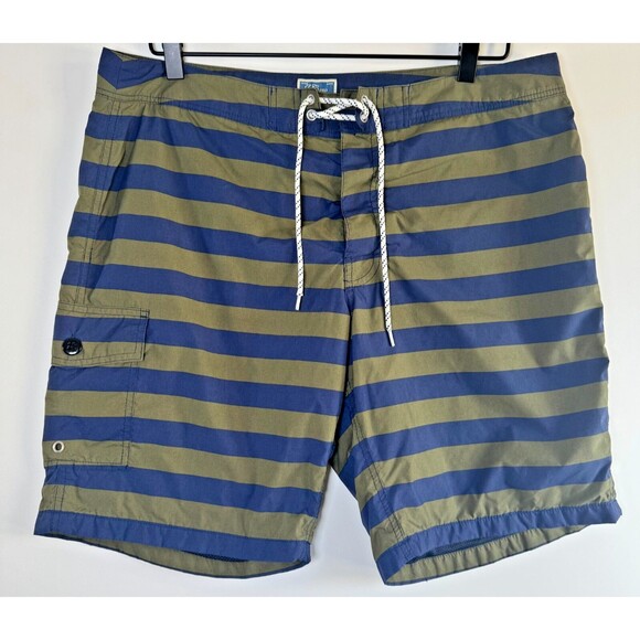 J.Crew Mens Swim Trunks Size 35 Navy Olive Green Striped Board Shorts Surf Beach - Picture 1 of 11